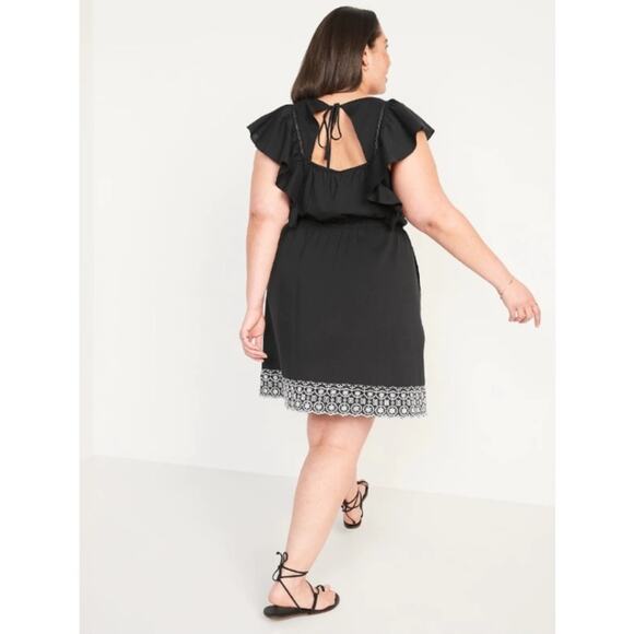 Old Navy black Embroidered Waist-Defined Flutter-Sleeve Tie-Back Mini Dress - Picture 6 of 12